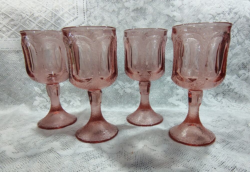 4 Vtg Fostoria Glass Woodland Pink Water Goblets 6 3/4" Textured, Heavy